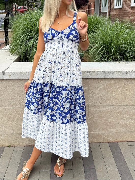 Perch By Blu Pepper Dresses & Skirts - Perch Blu Pepper wildflower 1X Blue White Floral Tiered Midi Maxi Sundress Boho